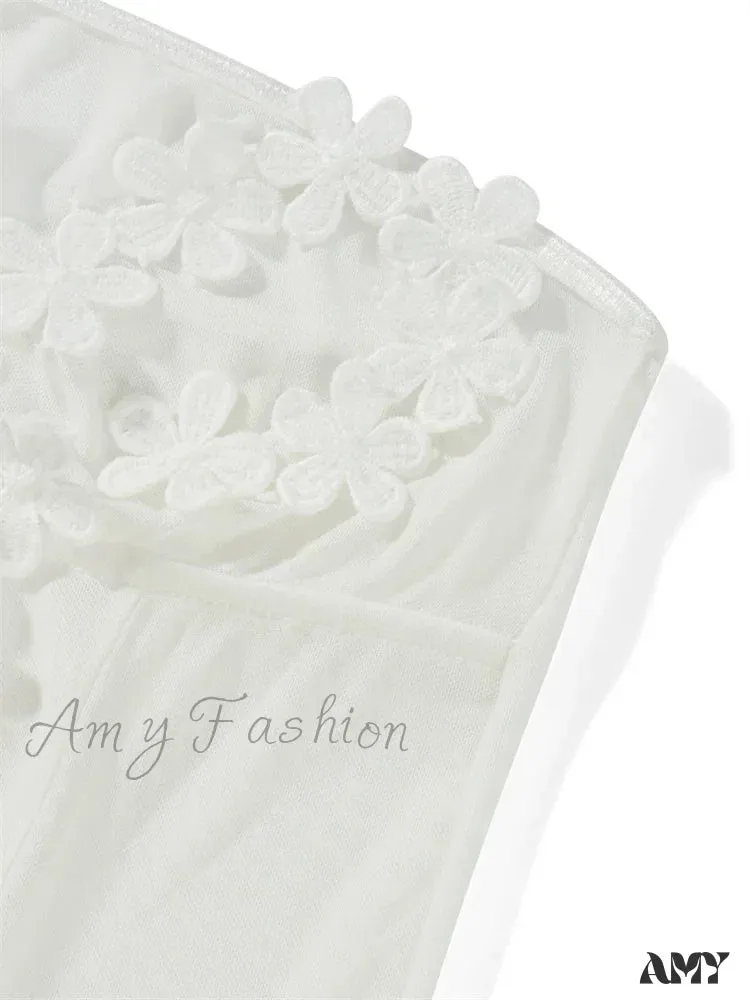 Amy Fashion - 3D Flowers Patchwork Tube  for Women Strapless Off Shoulder Mesh Sheer See Through Summer  Vestidos