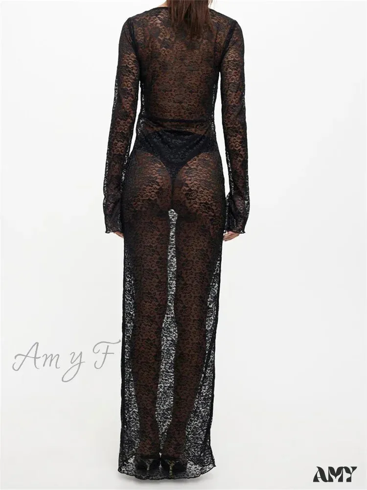 Amy Fashion - Sexy Women Lace Party  Sleeve Crew Neck Front Hollow Out Cocktail Mesh See-Through  Vestidos