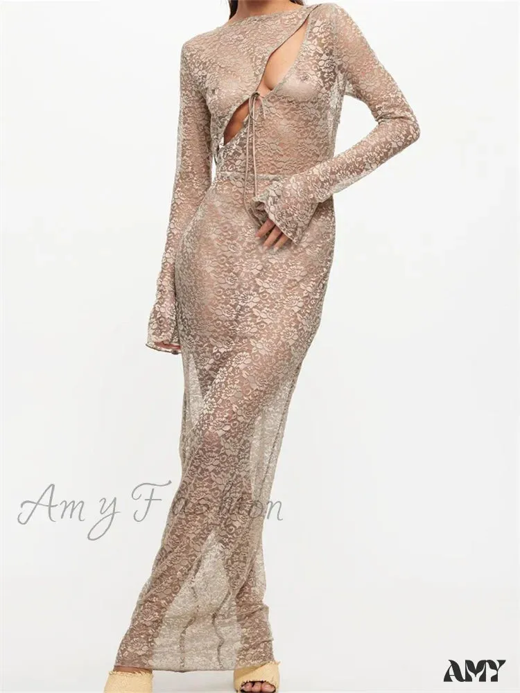 Amy Fashion - Sexy Women Lace Party  Sleeve Crew Neck Front Hollow Out Cocktail Mesh See-Through  Vestidos