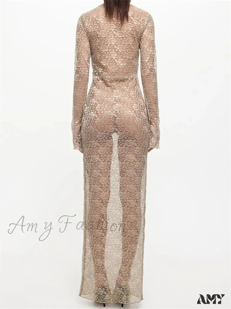 Amy Fashion - Sexy Women Lace Party  Sleeve Crew Neck Front Hollow Out Cocktail Mesh See-Through  Vestidos