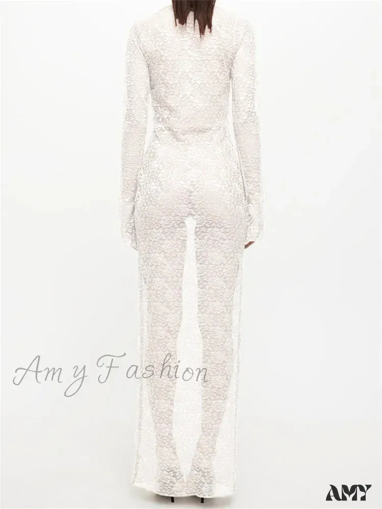Amy Fashion - Sexy Women Lace Party  Sleeve Crew Neck Front Hollow Out Cocktail Mesh See-Through  Vestidos