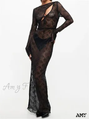 Amy Fashion - Sexy Women Lace Party  Sleeve Crew Neck Front Hollow Out Cocktail Mesh See-Through  Vestidos