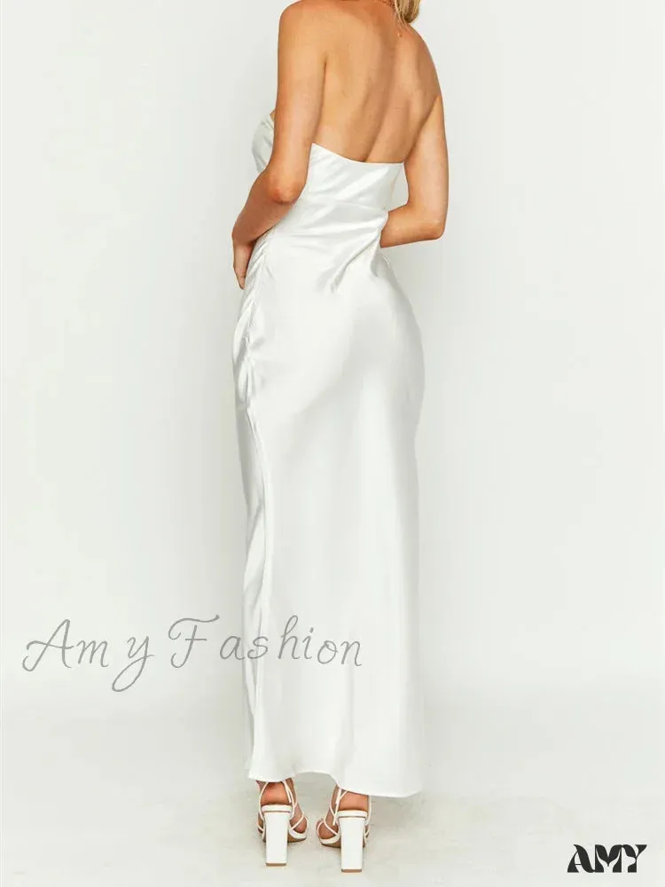 Amy Fashion - Women Sexy Sleeveless Spaghetti Strap Backless  Low Cut Strapless Tube Party Cocktail Satin Vestidos
