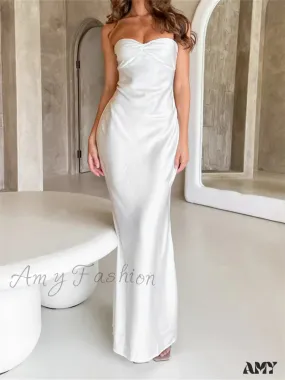 Amy Fashion - Women Sexy Sleeveless Spaghetti Strap Backless  Low Cut Strapless Tube Party Cocktail Satin Vestidos
