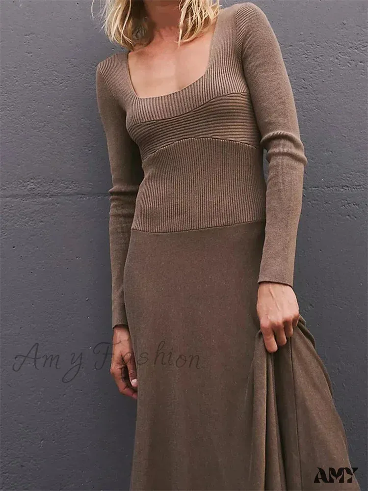 Amy Fashion - Women Spring Fall Casual  Solid Color Square Neck  Sleeve Knitted Pleated Fashion Holiday Vestido
