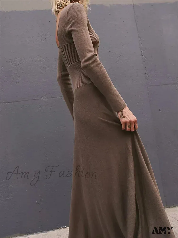 Amy Fashion - Women Spring Fall Casual  Solid Color Square Neck  Sleeve Knitted Pleated Fashion Holiday Vestido