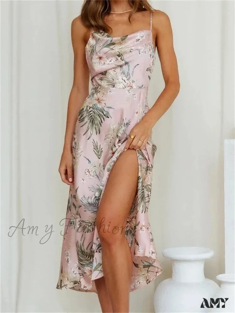 Amy Fashion - Women V-neck Floral Print Sleeveless Strap Side Split   for Party Club Wedding Night Female Vestidos