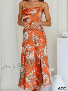 Amy Fashion - Women V-neck Floral Print Sleeveless Strap Side Split   for Party Club Wedding Night Female Vestidos