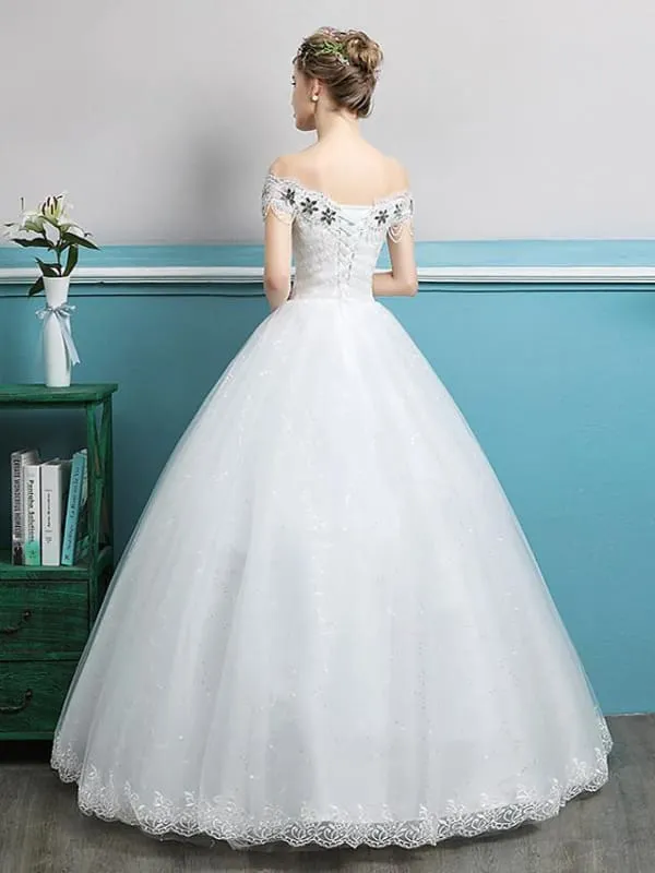 Ball Gown Wedding Dresses Off Shoulder Floor Length Lace Tulle Polyester Sleeveless Romantic