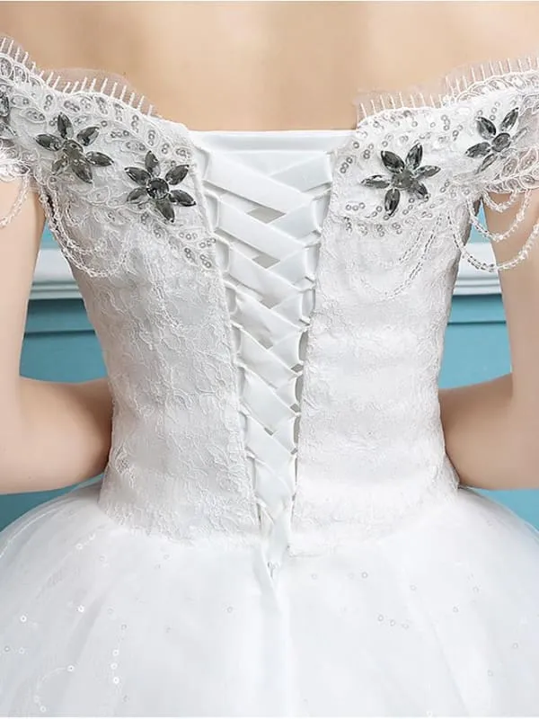 Ball Gown Wedding Dresses Off Shoulder Floor Length Lace Tulle Polyester Sleeveless Romantic