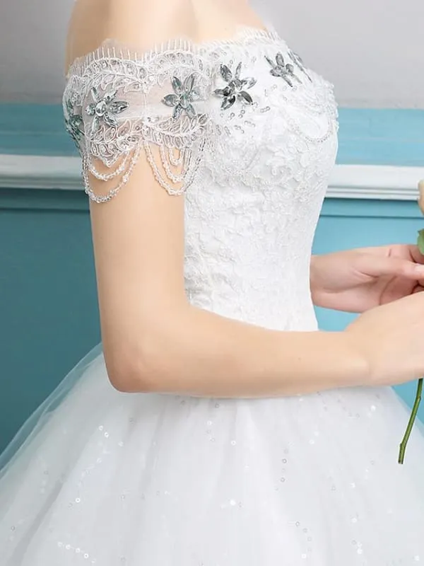 Ball Gown Wedding Dresses Off Shoulder Floor Length Lace Tulle Polyester Sleeveless Romantic