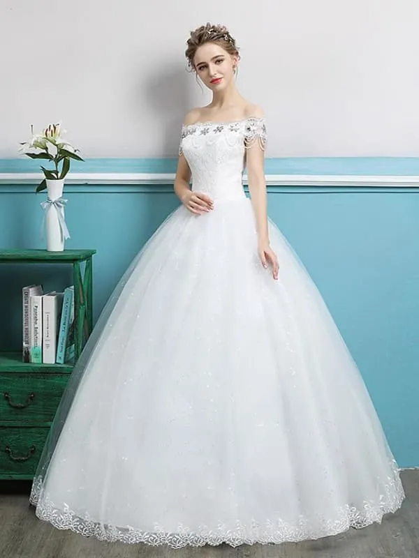 Ball Gown Wedding Dresses Off Shoulder Floor Length Lace Tulle Polyester Sleeveless Romantic