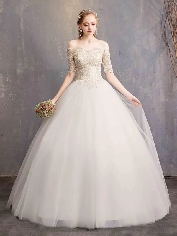 Ball Gown Wedding Dresses Off Shoulder Floor Length Tulle Lace Over Satin Half Sleeve Glamorous Illusion Detail