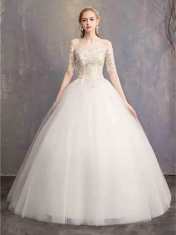 Ball Gown Wedding Dresses Off Shoulder Floor Length Tulle Lace Over Satin Half Sleeve Glamorous Illusion Detail