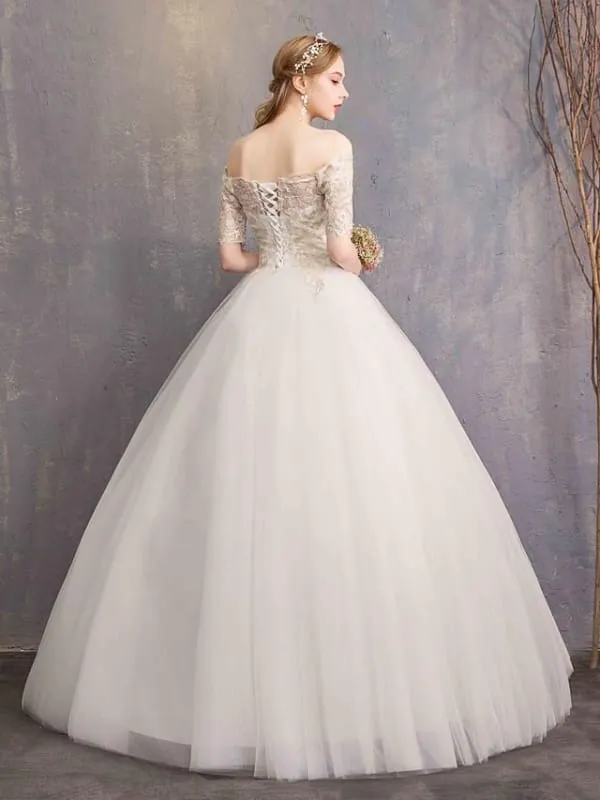 Ball Gown Wedding Dresses Off Shoulder Floor Length Tulle Lace Over Satin Half Sleeve Glamorous Illusion Detail