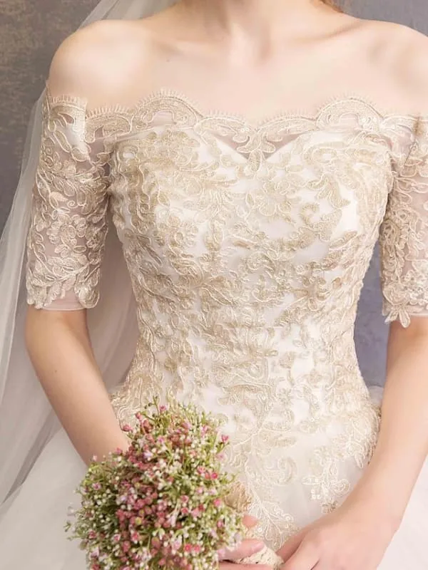 Ball Gown Wedding Dresses Off Shoulder Floor Length Tulle Lace Over Satin Half Sleeve Glamorous Illusion Detail