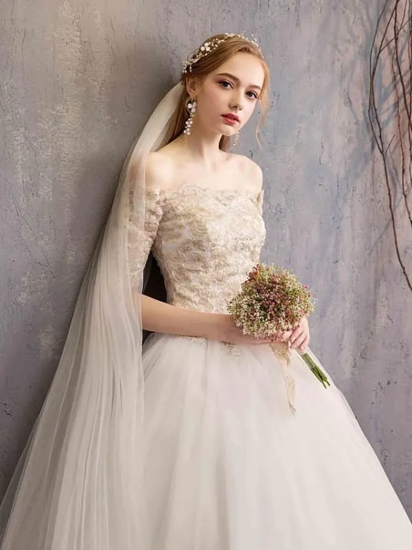 Ball Gown Wedding Dresses Off Shoulder Floor Length Tulle Lace Over Satin Half Sleeve Glamorous Illusion Detail