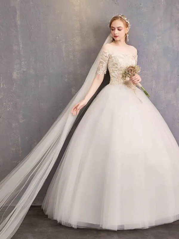 Ball Gown Wedding Dresses Off Shoulder Floor Length Tulle Lace Over Satin Half Sleeve Glamorous Illusion Detail