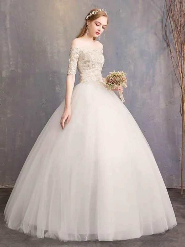 Ball Gown Wedding Dresses Off Shoulder Floor Length Tulle Lace Over Satin Half Sleeve Glamorous Illusion Detail