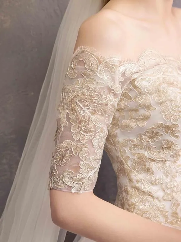 Ball Gown Wedding Dresses Off Shoulder Floor Length Tulle Lace Over Satin Half Sleeve Glamorous Illusion Detail