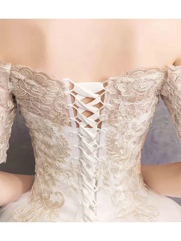 Ball Gown Wedding Dresses Off Shoulder Floor Length Tulle Lace Over Satin Half Sleeve Glamorous Illusion Detail