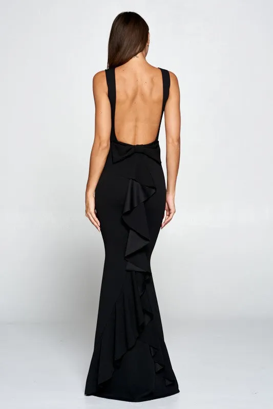 Black Ruffle Bow Maxi Dress Gown