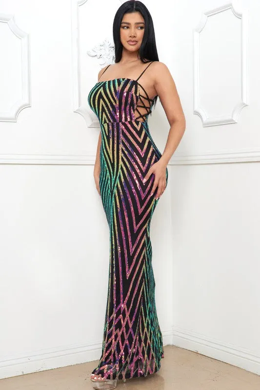 Black/Iridescent Chevron Pattern Seuin Maxi Dress
