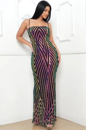 Black/Iridescent Chevron Pattern Seuin Maxi Dress