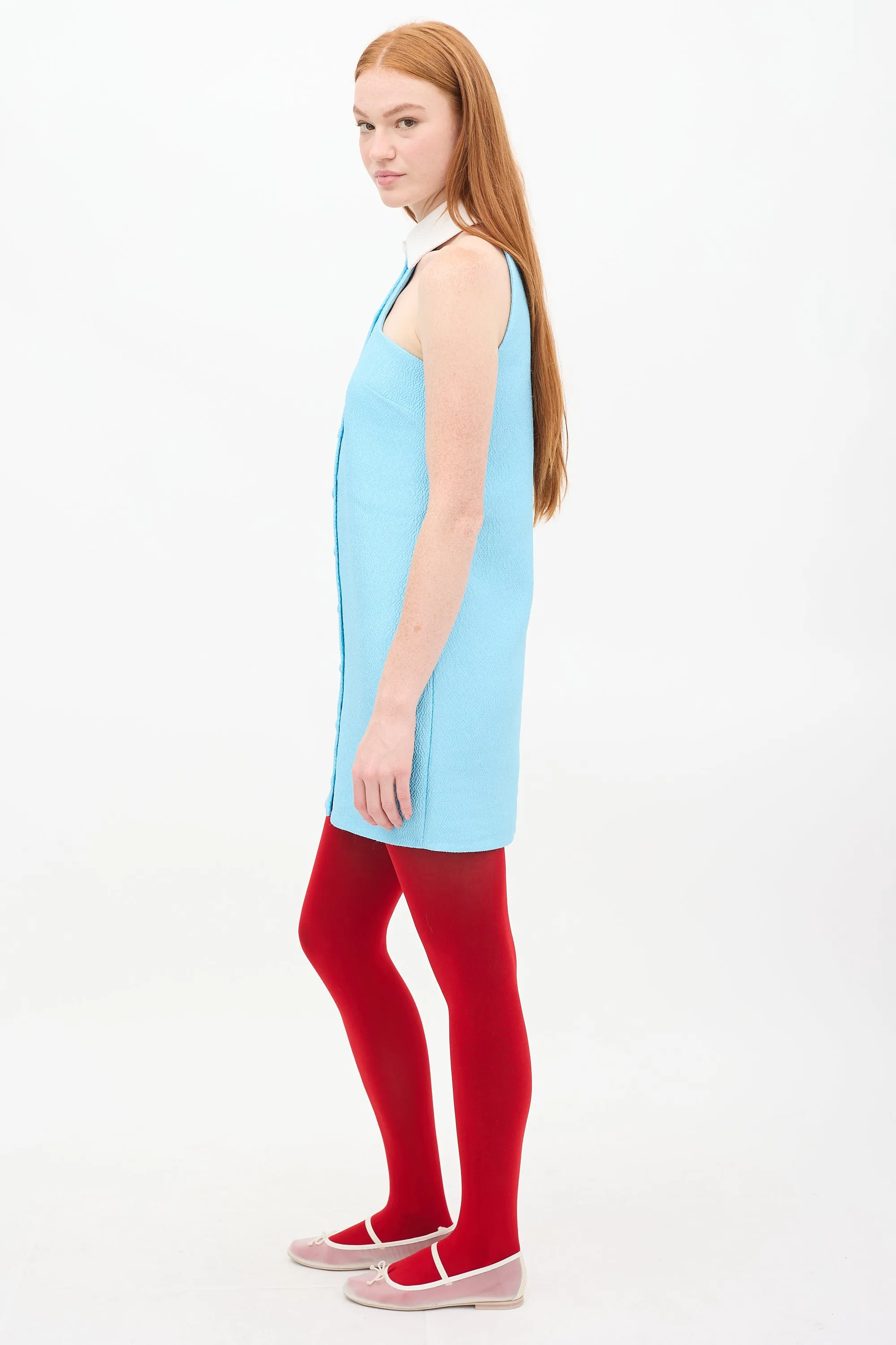 Blue & White Double Cloque Collar Dress