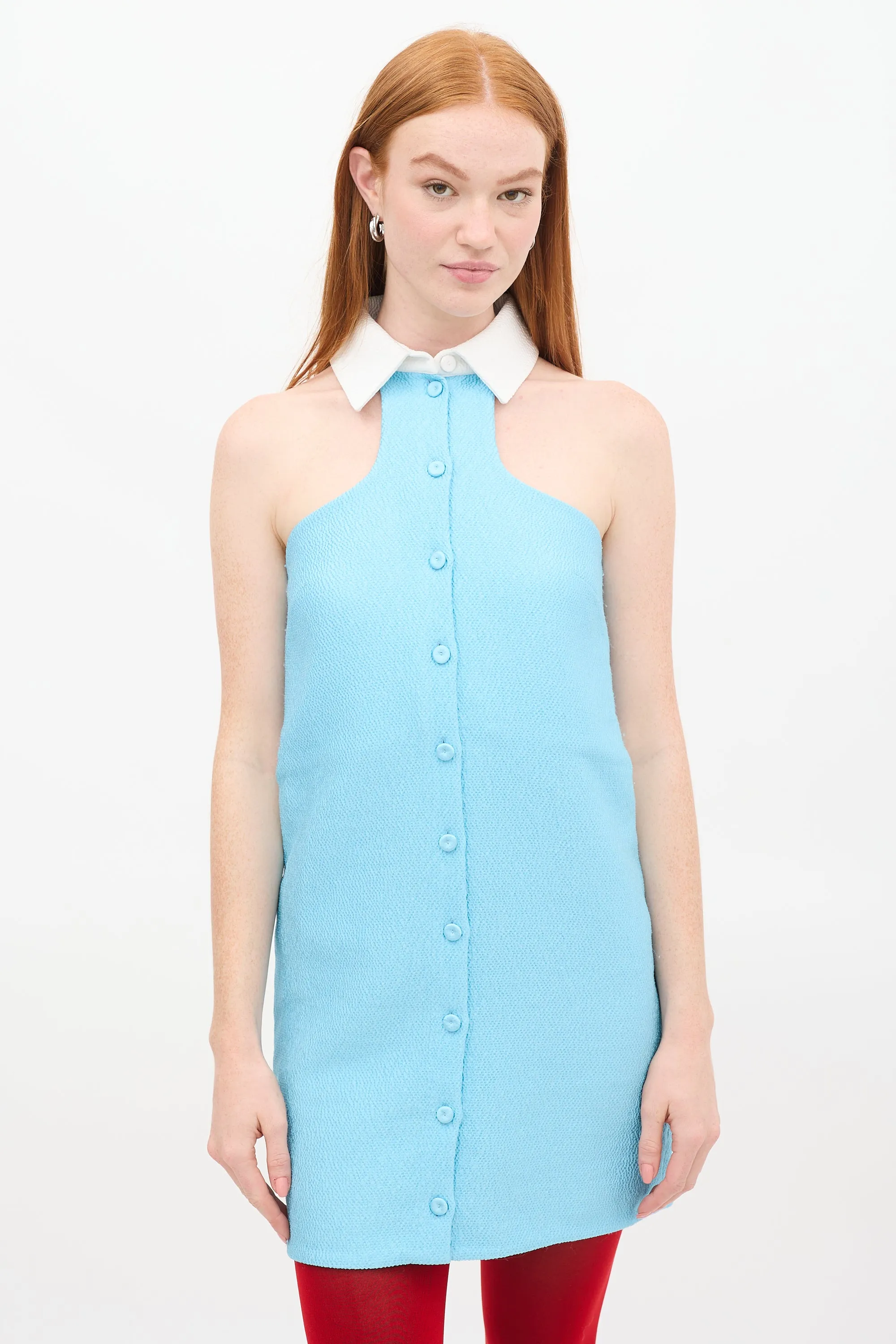 Blue & White Double Cloque Collar Dress
