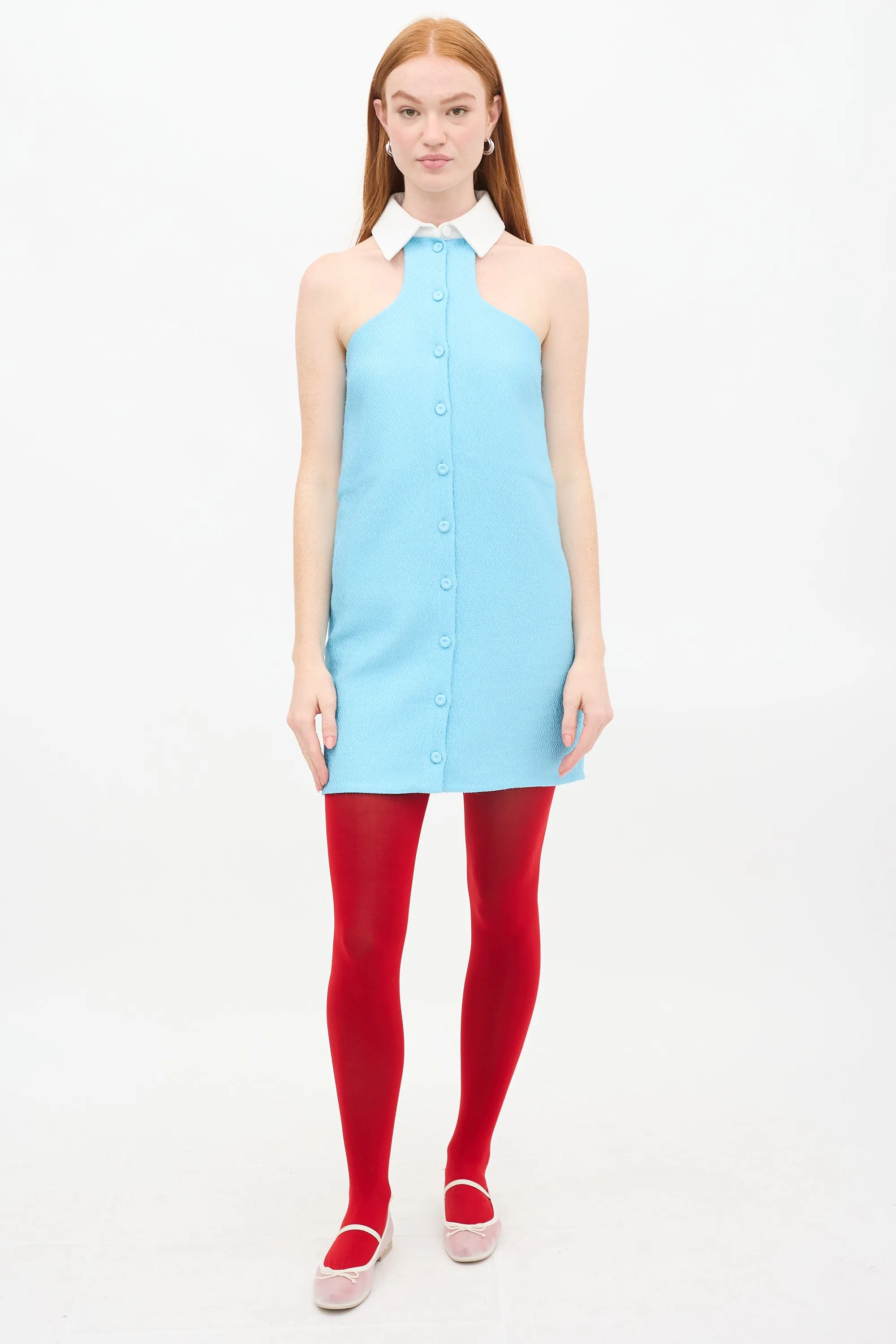 Blue & White Double Cloque Collar Dress