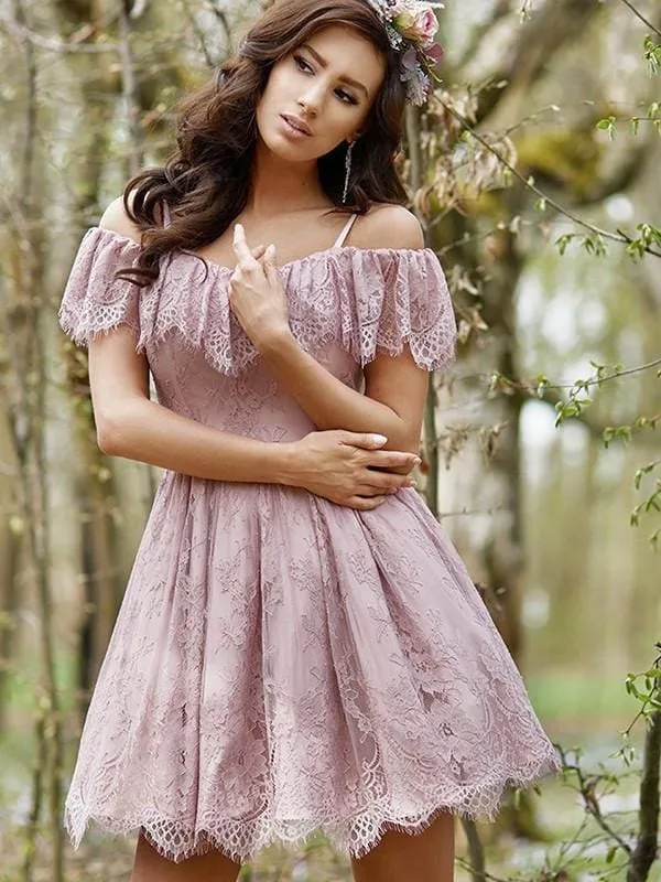 Bridelily A-Line Ruffles Lace Off-the-Shoulder Sleeveless Short/Mini Dresses