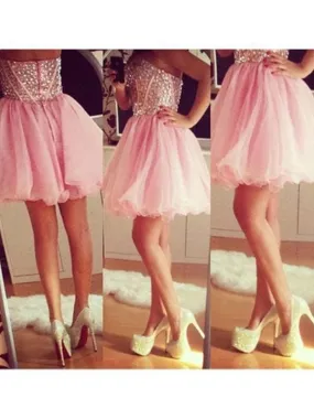 Bridelily A-Line Tulle Sweetheart Sleeveless Short/Mini With Beading Dresses