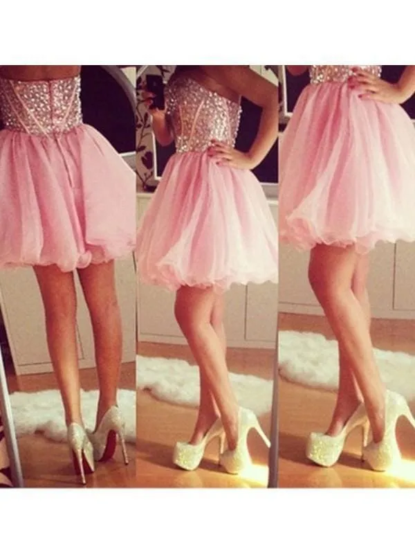 Bridelily A-Line Tulle Sweetheart Sleeveless Short/Mini With Beading Dresses