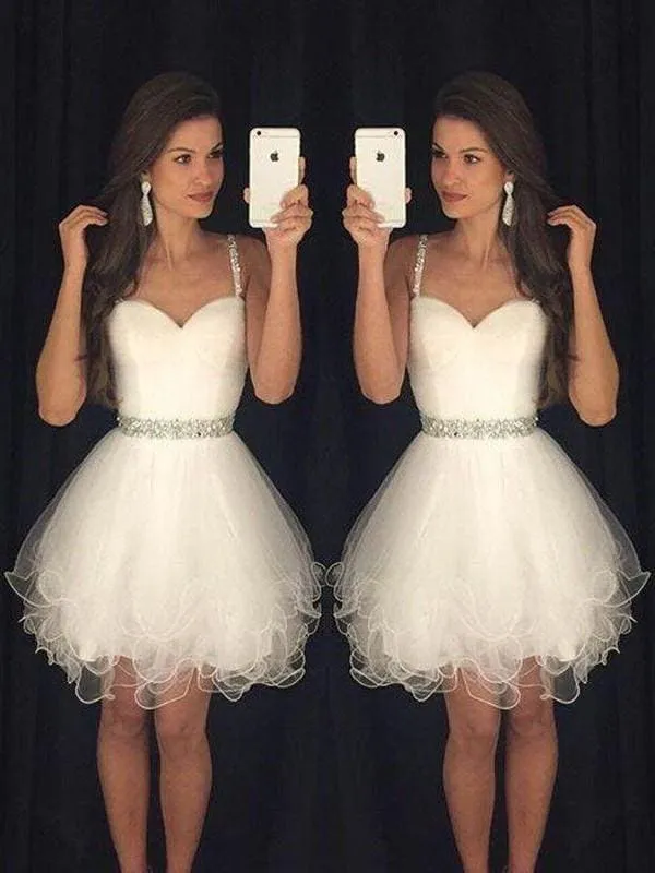 Bridelily A-Line Tulle Sweetheart Sleeveless Short/Mini With Beading Prom Dresses