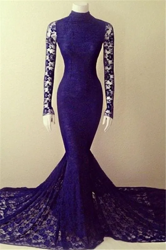 Bridelily Purple Lace Sexy Party Dresses Long Sleeve High Collar 2019 Evening Gowns
