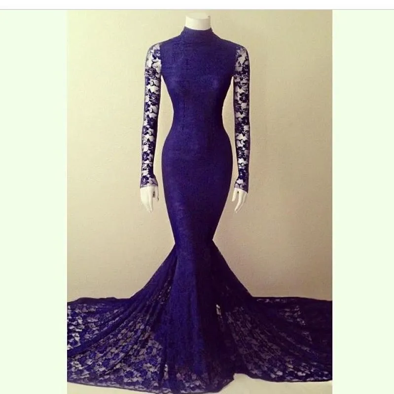 Bridelily Purple Lace Sexy Party Dresses Long Sleeve High Collar 2019 Evening Gowns
