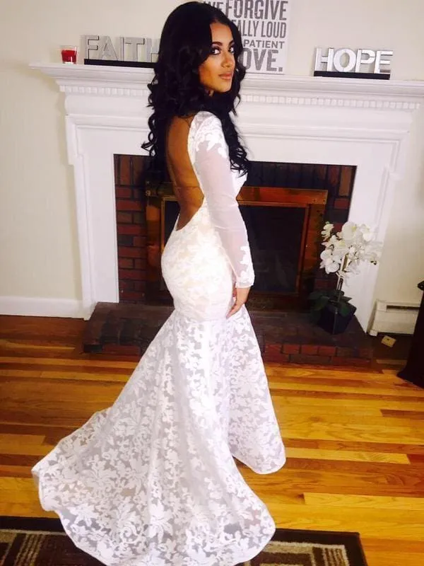 Bridelily Sexy White Lace Mermaid Backless Prom Dresses 2019 Long Sleeve Evening Dress