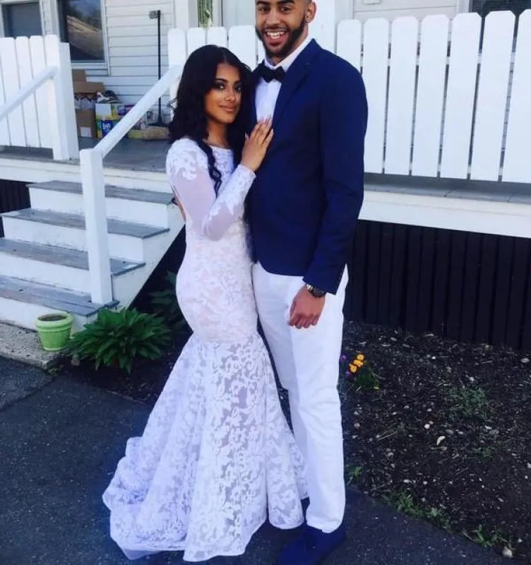 Bridelily Sexy White Lace Mermaid Backless Prom Dresses 2019 Long Sleeve Evening Dress