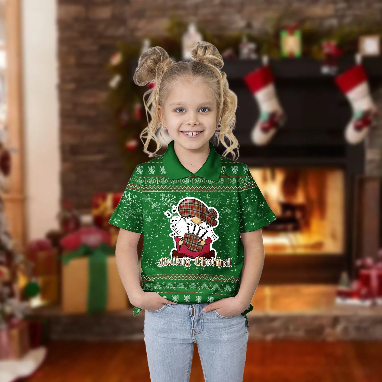 Buchanan Old Dress Clan Christmas Family Polo Shirt with Funny Gnome Playing Bagpipes