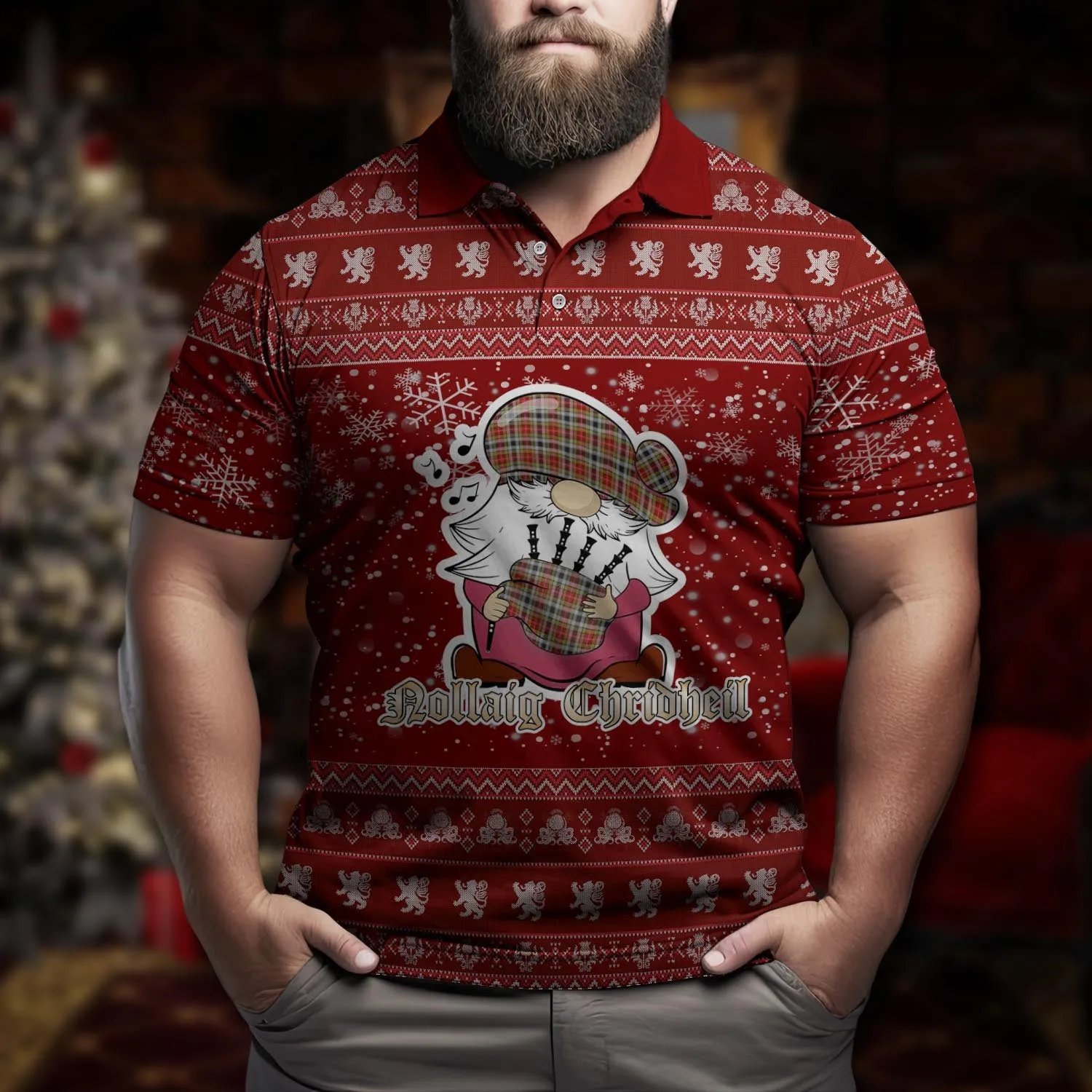 Buchanan Old Dress Clan Christmas Family Polo Shirt with Funny Gnome Playing Bagpipes