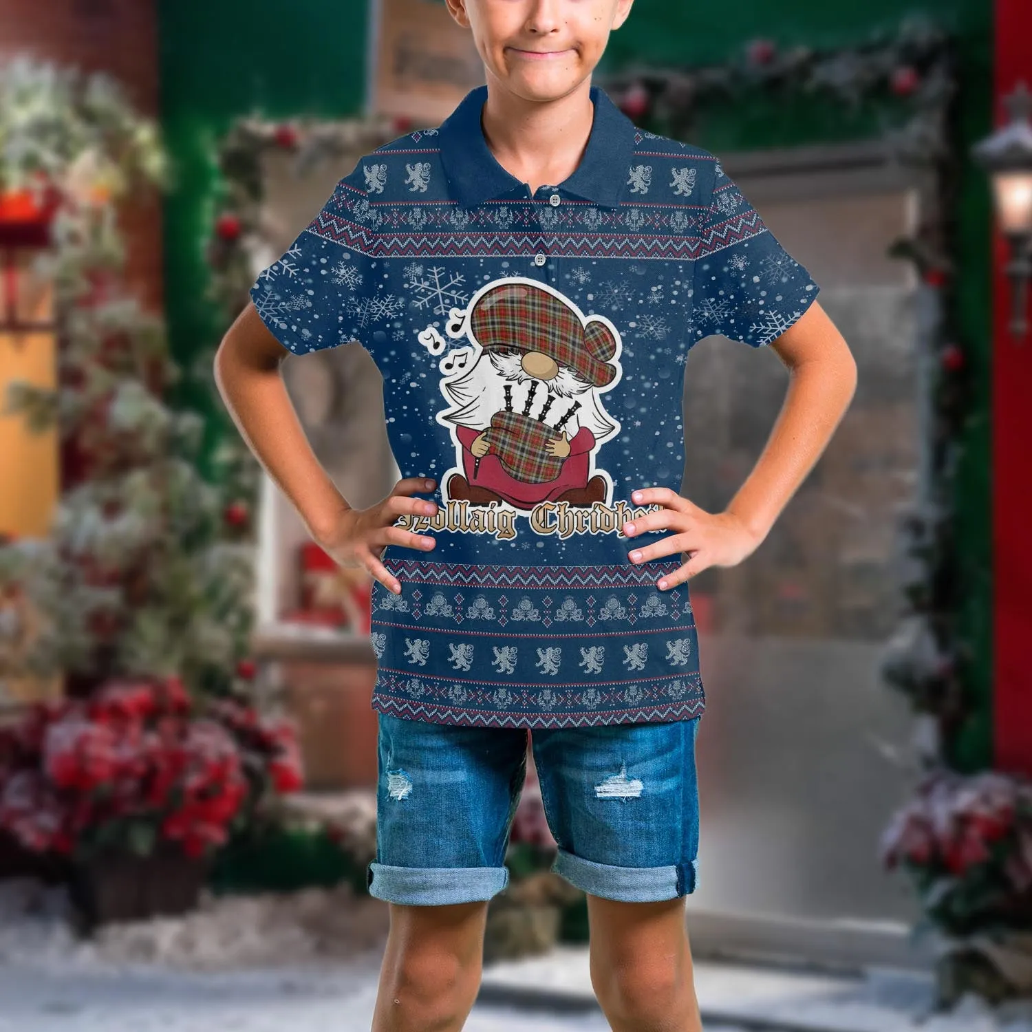 Buchanan Old Dress Clan Christmas Family Polo Shirt with Funny Gnome Playing Bagpipes