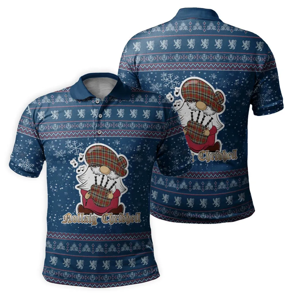 Buchanan Old Dress Clan Christmas Family Polo Shirt with Funny Gnome Playing Bagpipes