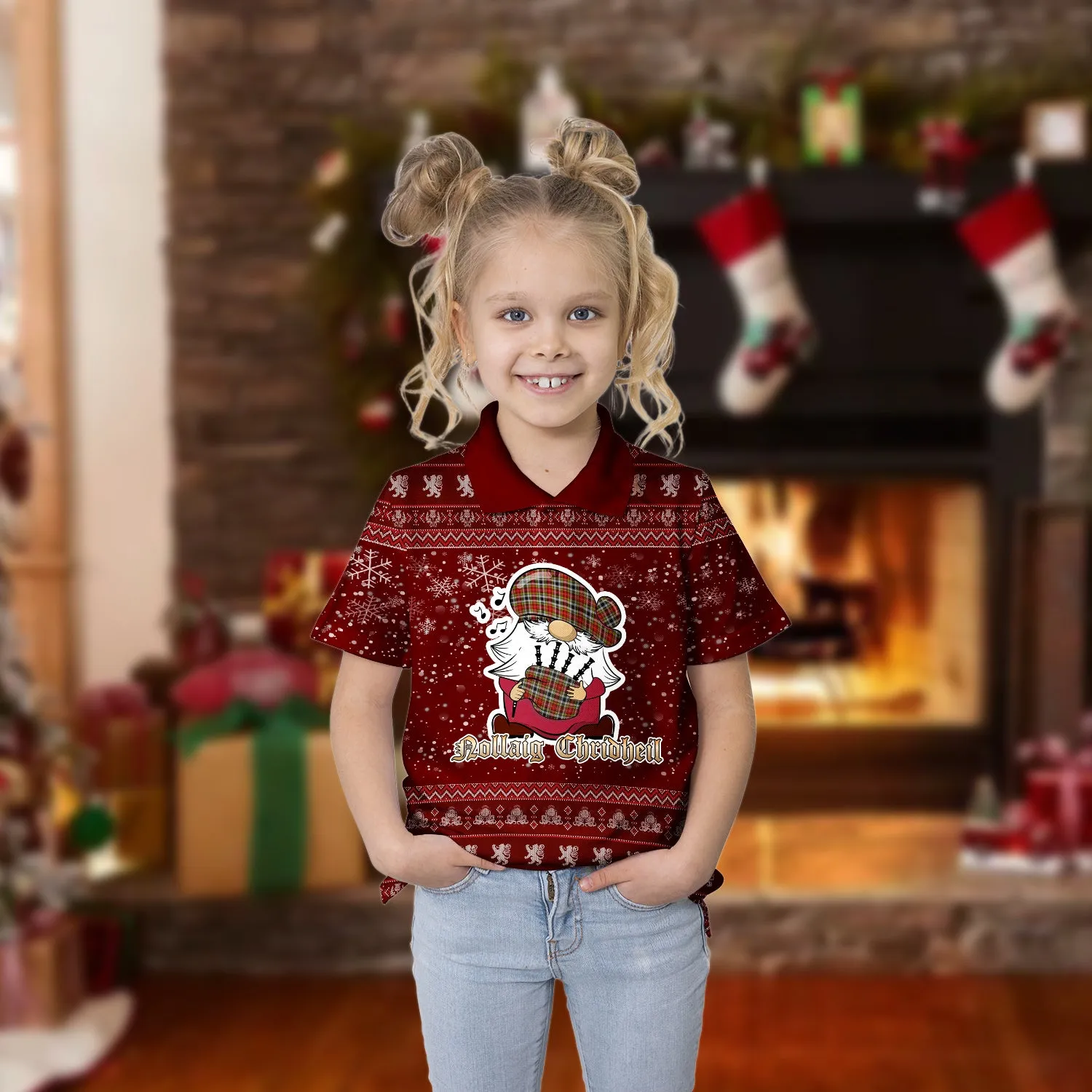 Buchanan Old Dress Clan Christmas Family Polo Shirt with Funny Gnome Playing Bagpipes