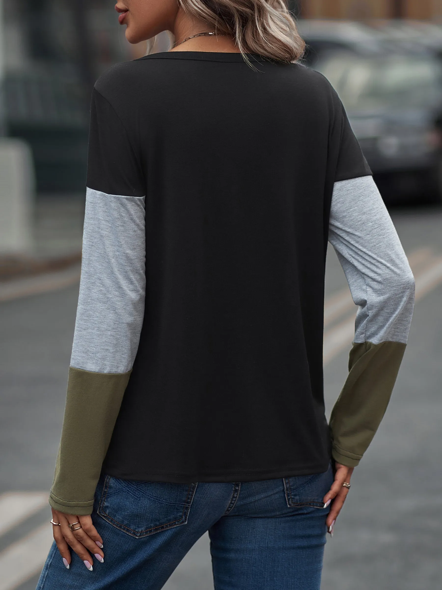 Color Block Long Sleeve Tri-Tone V-Neck Casual Shirts