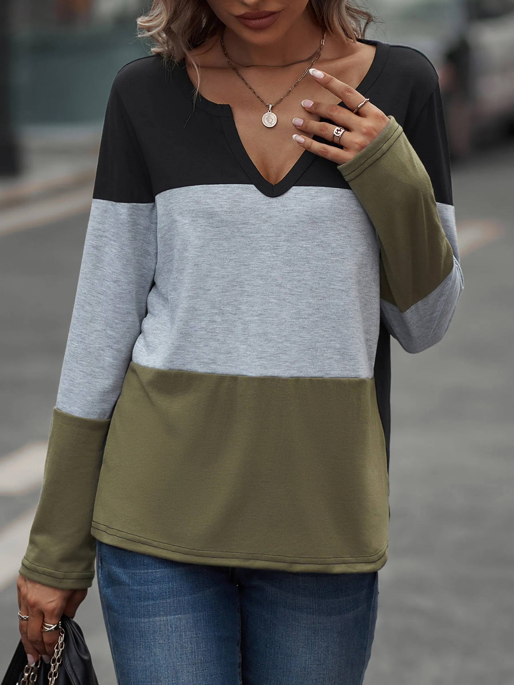 Color Block Long Sleeve Tri-Tone V-Neck Casual Shirts
