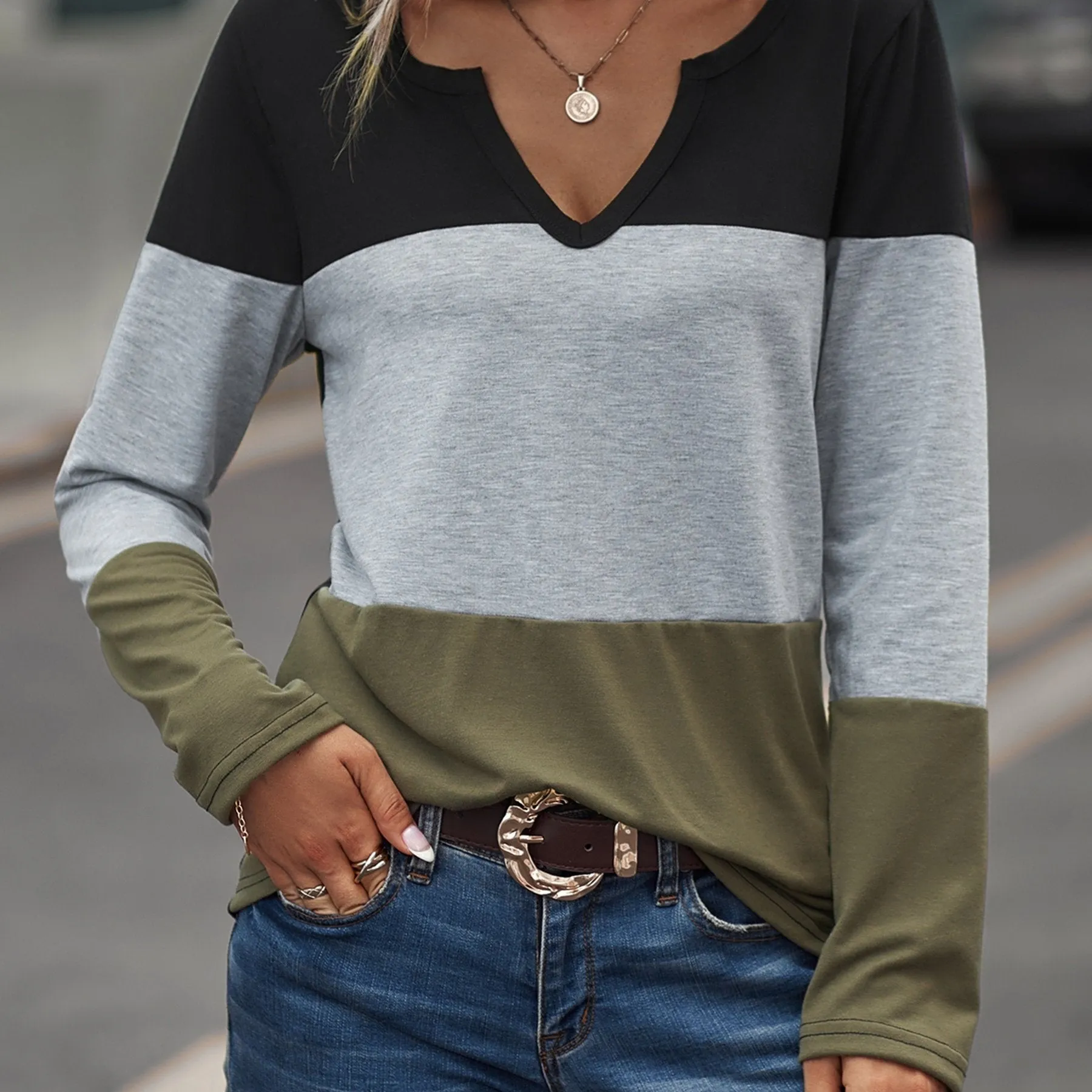 Color Block Long Sleeve Tri-Tone V-Neck Casual Shirts