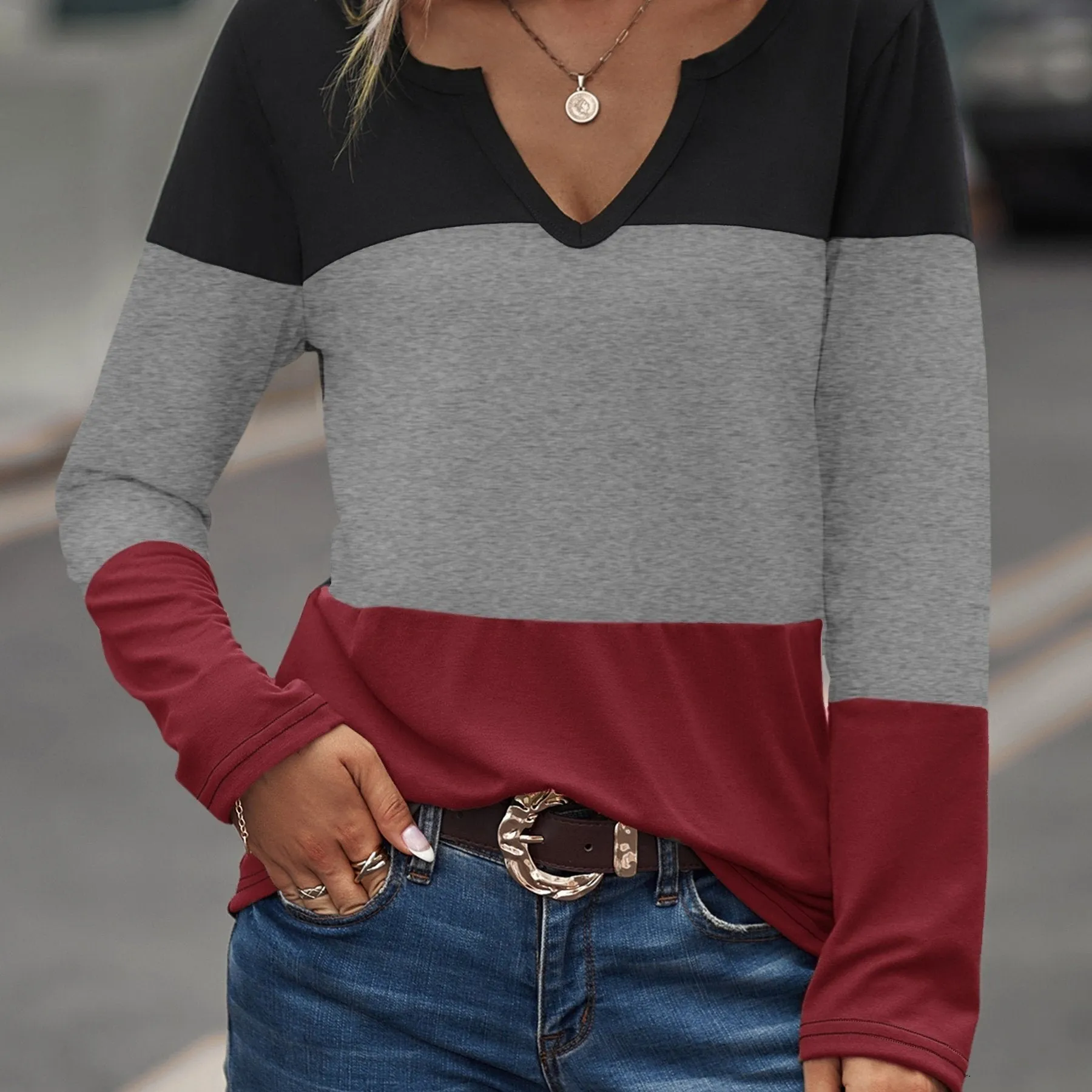 Color Block Long Sleeve Tri-Tone V-Neck Casual Shirts
