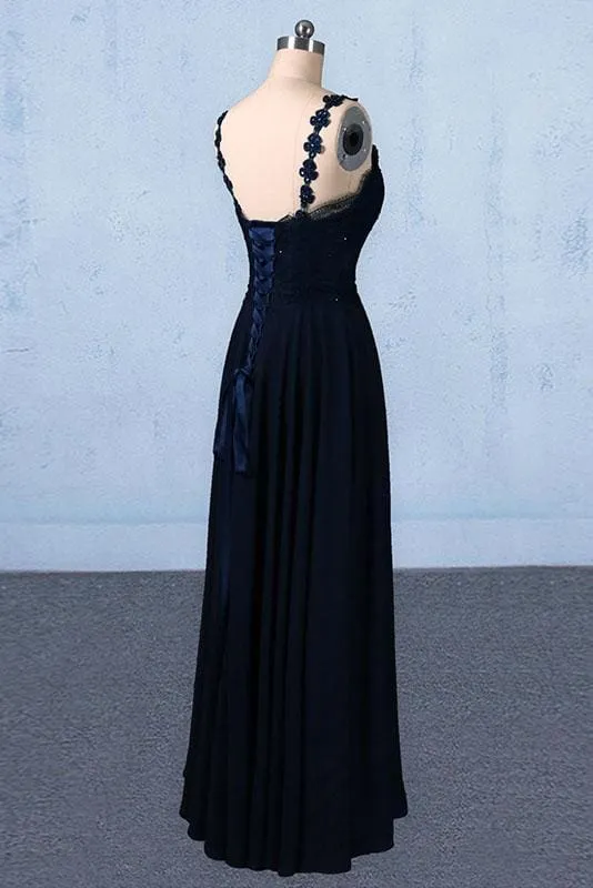 Dark Navy Blue Straps Floor Length Evening Dresses Long Chiffon Prom Dress with Lace