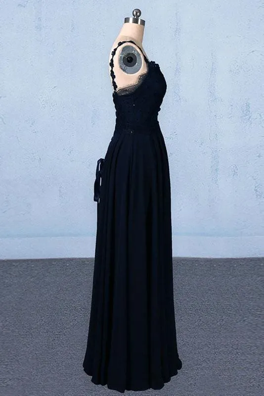 Dark Navy Blue Straps Floor Length Evening Dresses Long Chiffon Prom Dress with Lace
